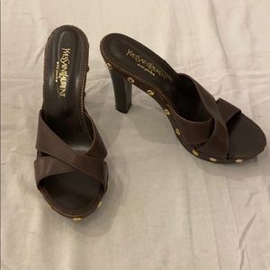 Auth Vintage YSL Brown Leather Platform Sandals